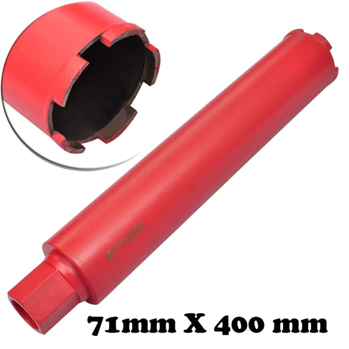 Ein roter Kernbohrer. Enthält eine Nahaufnahme der Schneidkante und Text mit der Aufschrift 71 mm x 400 mm.