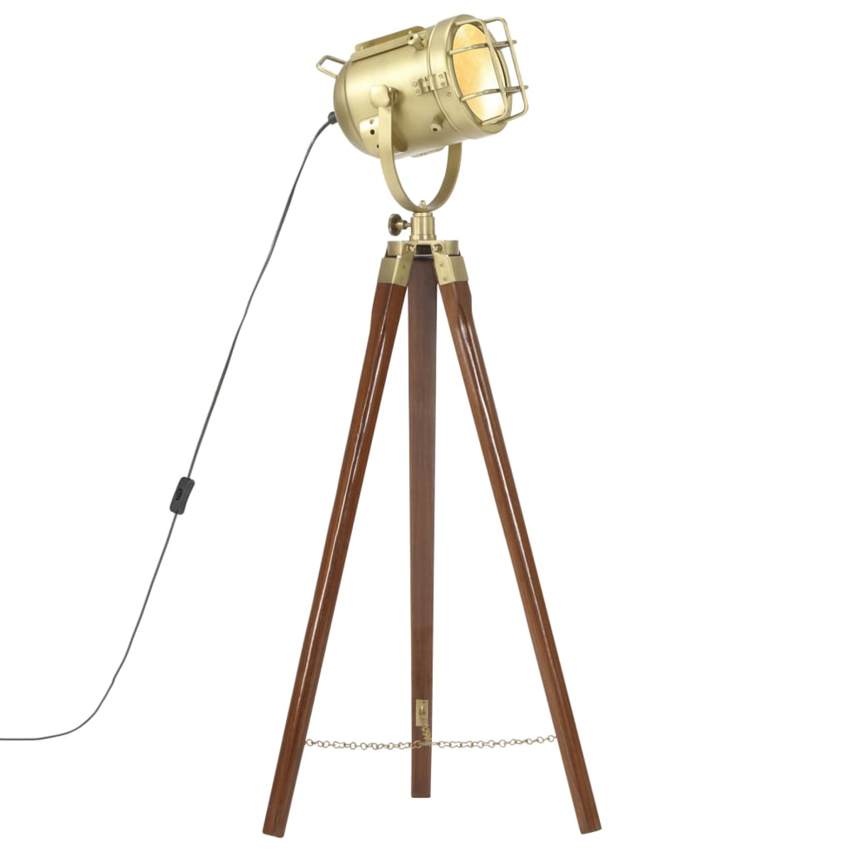 Eine goldene Scheinwerferlampe mit schwarzem Kabel steht auf einem Holzstativ. Die Lampe ist an und der Hintergrund ist weiß.
