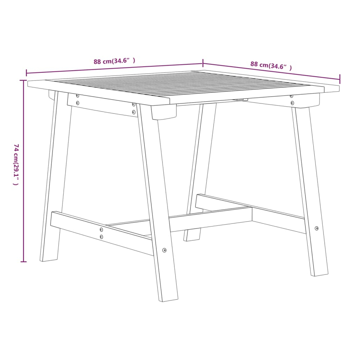 Diagramm eines quadratischen Holztisches mit Maßangaben. Der Tisch ist 88 cm breit und 74 cm hoch, mit Lattenrost.