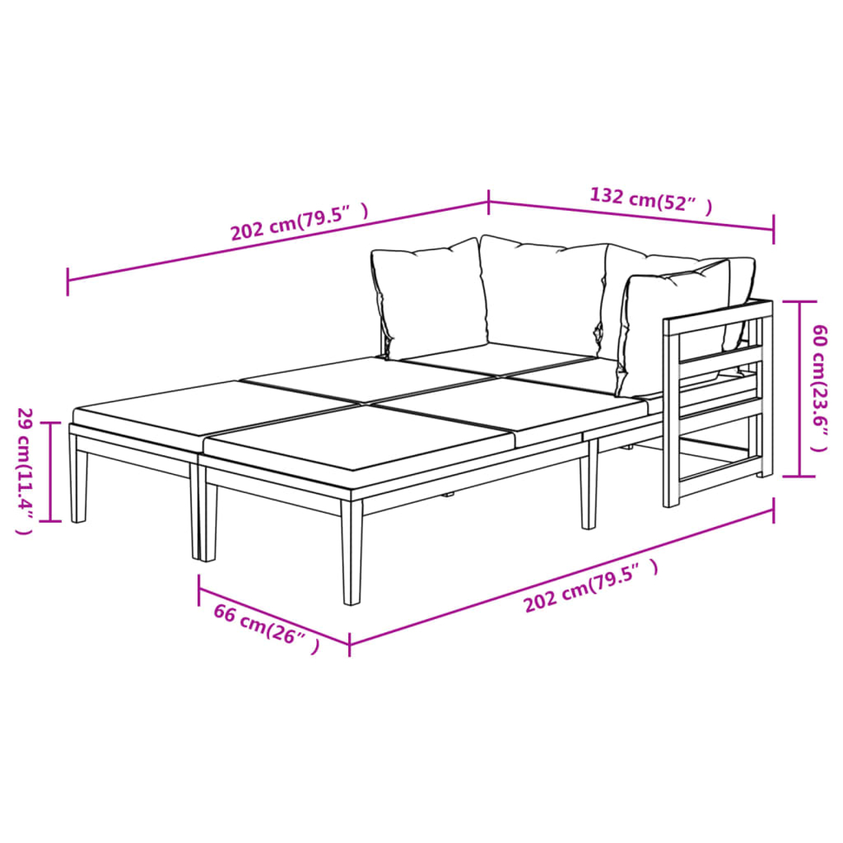 Ein hölzernes Outdoor-Sofa wird mit beschrifteten Abmessungen gezeigt. Es hat Kissen und Armlehnen, perfekt zum Entspannen im Freien.