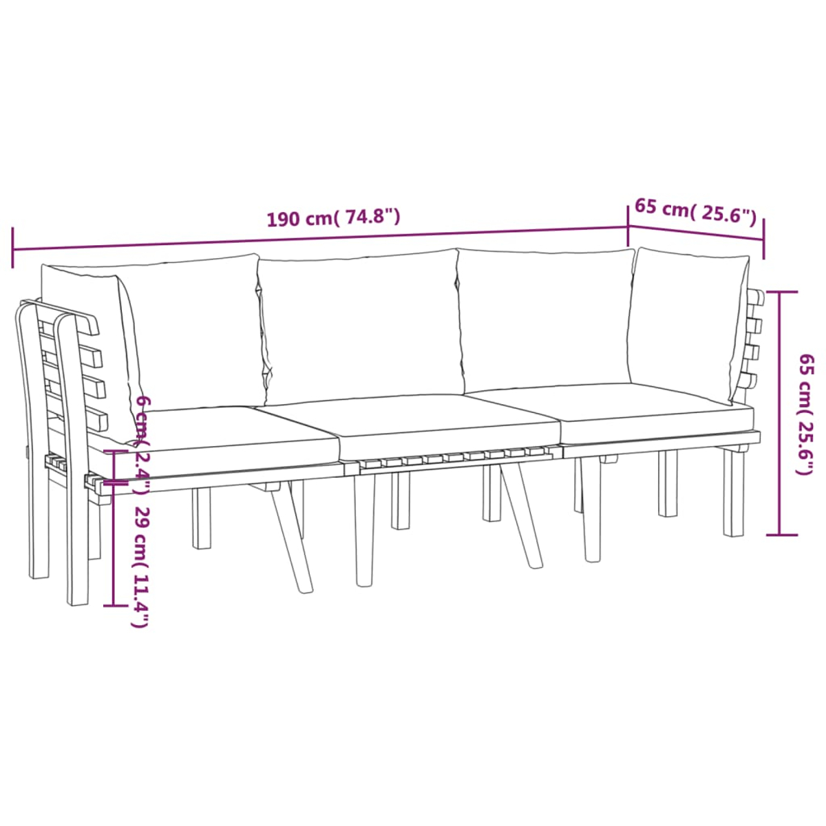 Strichzeichnung eines Holzsofas. Abmessungen sind beschriftet: 190 cm (74,8 Zoll), 65 cm (25,6 Zoll), 6 cm (2,4 Zoll) und 29 cm (11,4 Zoll).