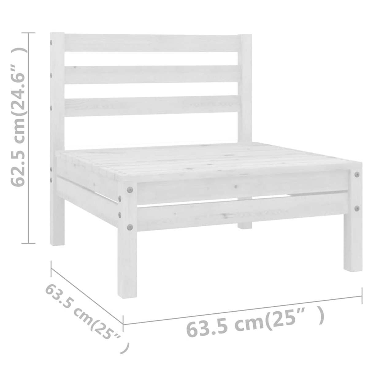 Ein weißer Holzstuhl mit Rückenlehne und Sitzfläche wird gezeigt. Abmessungen sind angegeben: 62,5 cm hoch und 63,5 cm breit.