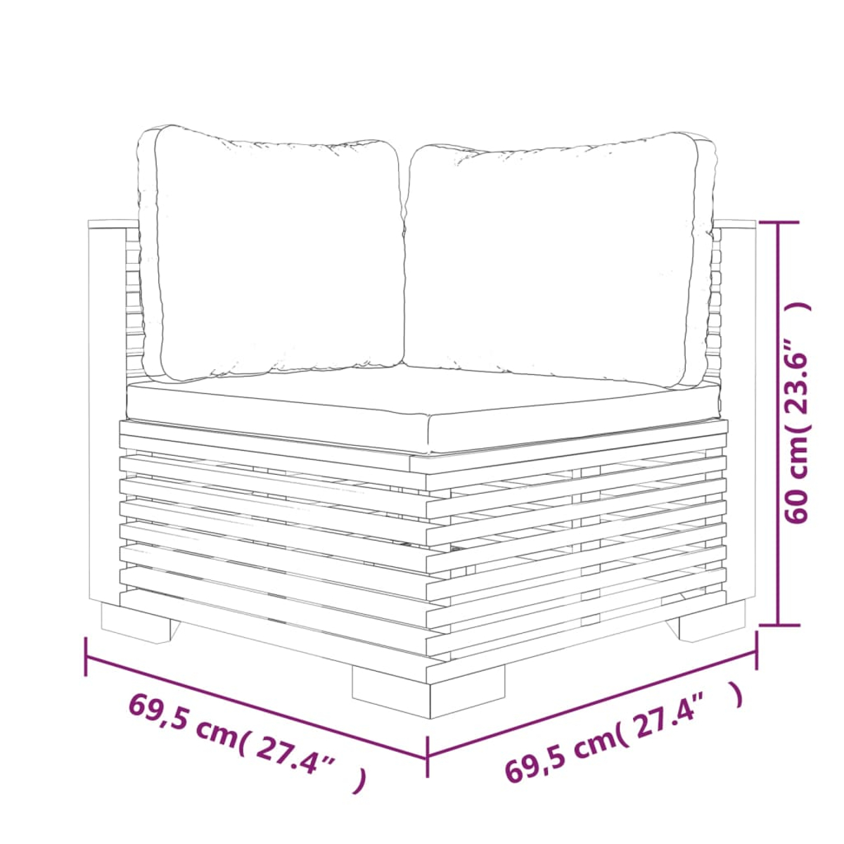 Illustration eines Ecksofas mit Kissen und Abmessungen. Das Sofa besteht aus Holzlatten.