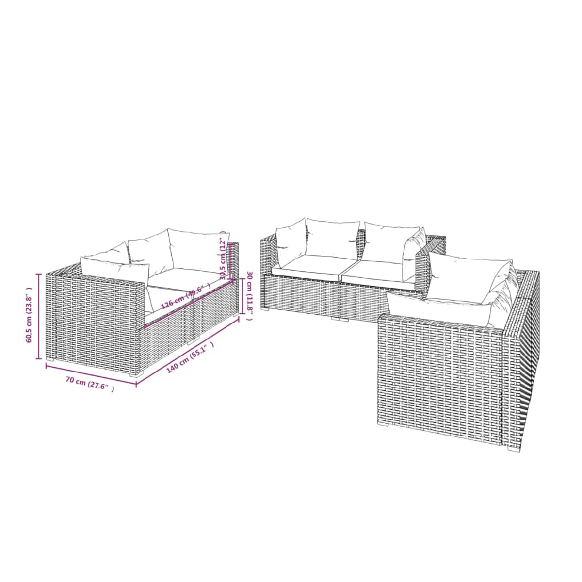 Ein Outdoor-Rattan-Sofaset. Enthält ein Zweisitzer-, ein Einsitzer- und ein Dreisitzer-Sofa, alle mit Kissen. Abmessungen sind ebenfalls angegeben.