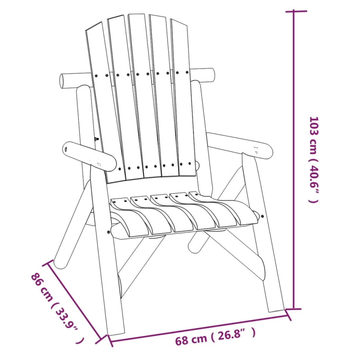 Holz-Adirondack-Stuhl mit beschrifteten Abmessungen. Die Rückenlehne hat vertikale Lamellen. Maße: 103 cm hoch, 86 cm tief und 68 cm breit.