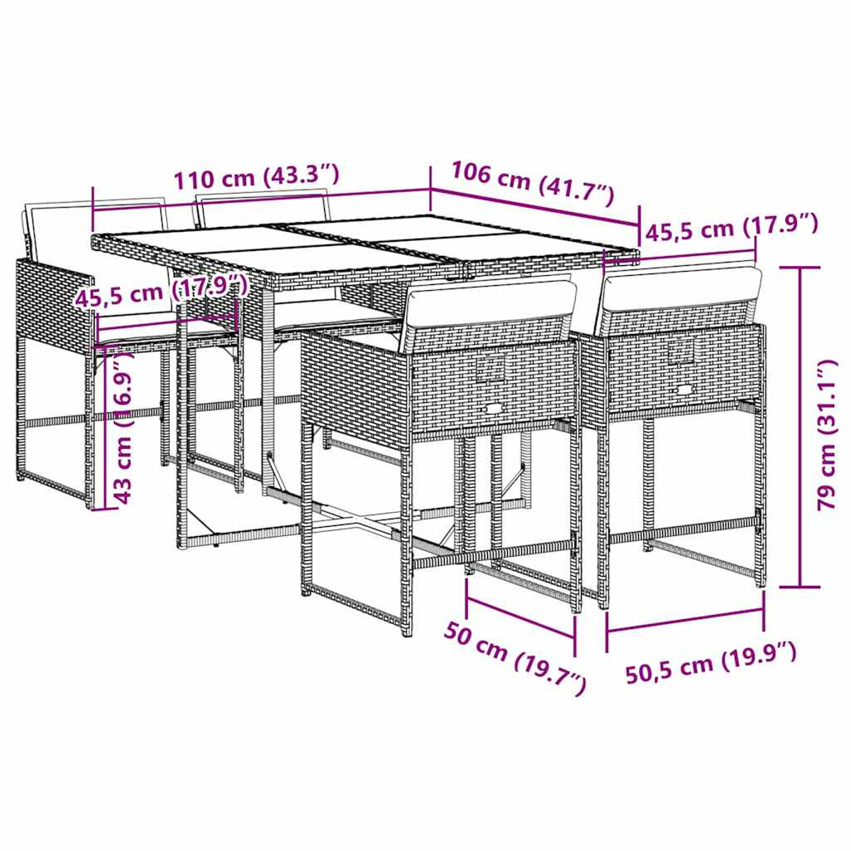 Diagramma di un tavolo quadrato con sei sedie. Le dimensioni sono indicate. Il tavolo è in materiale tessuto e le sedie hanno cuscini.
