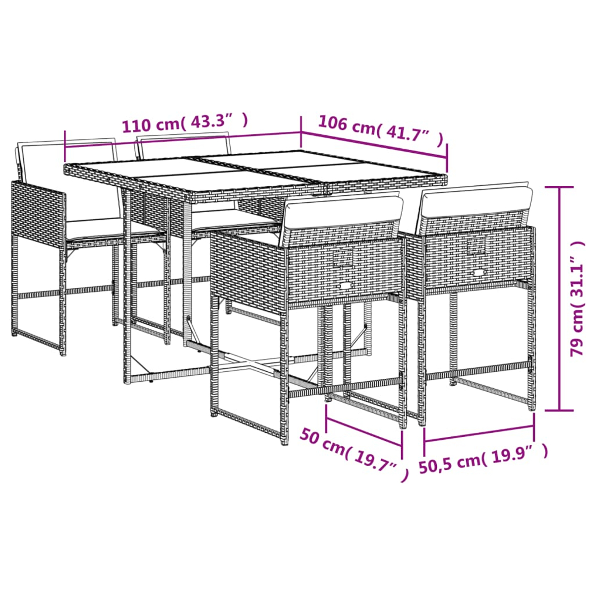 Un set di tavolo e sedie in vimini è mostrato con le dimensioni etichettate in centimetri e pollici. Il tavolo è quadrato con quattro sedie.