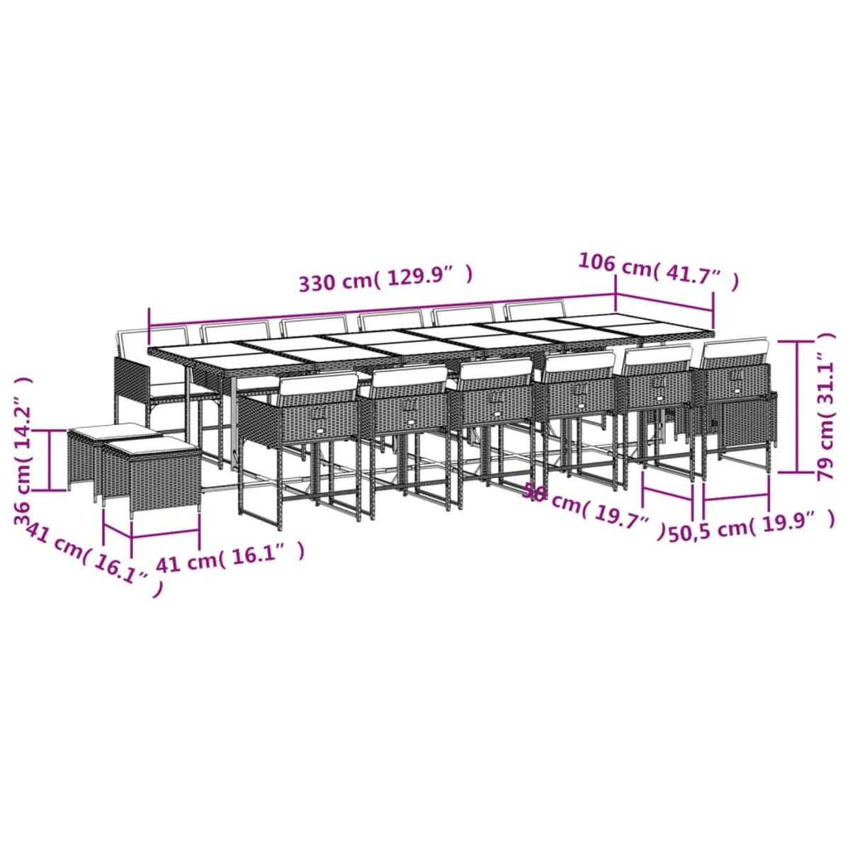 Un set da pranzo all'aperto con un lungo tavolo, sedie e dimensioni etichettate in centimetri. Il set è in vimini.