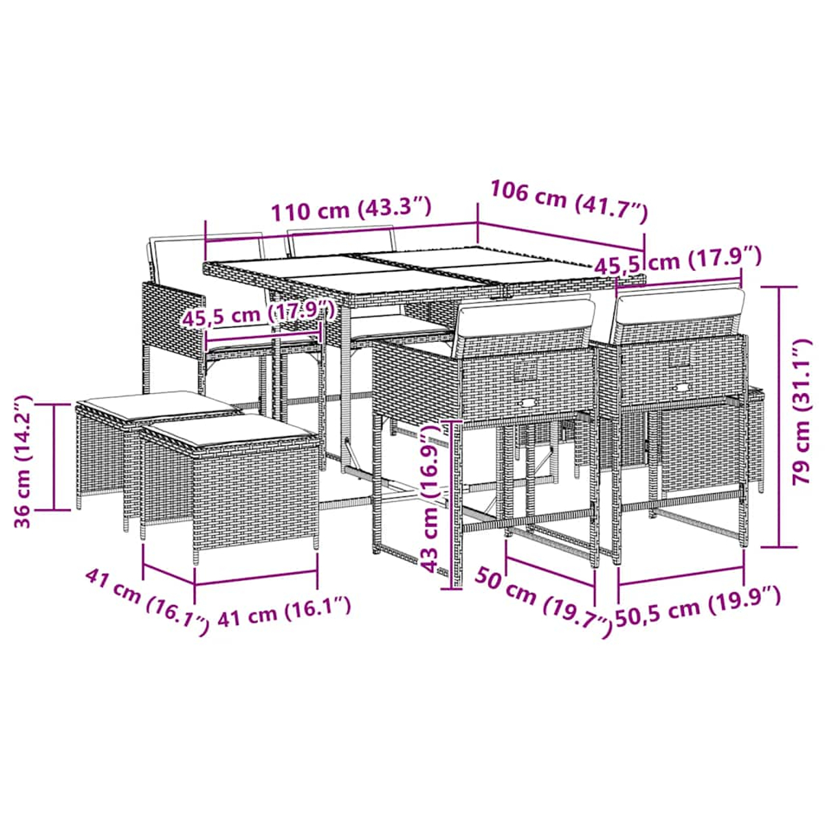 Un set da pranzo da esterno in rattan con tavolo rettangolare, sedie e sgabelli. Dimensioni indicate in centimetri e pollici.