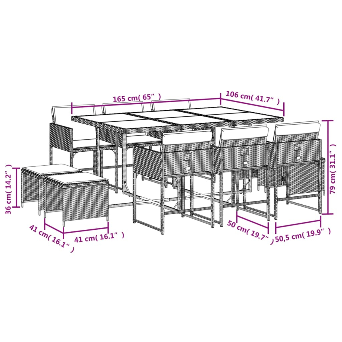 Set da pranzo da esterno, stile rattan, composto da un grande tavolo, sedie e sgabelli. Le dimensioni sono indicate in cm e pollici.