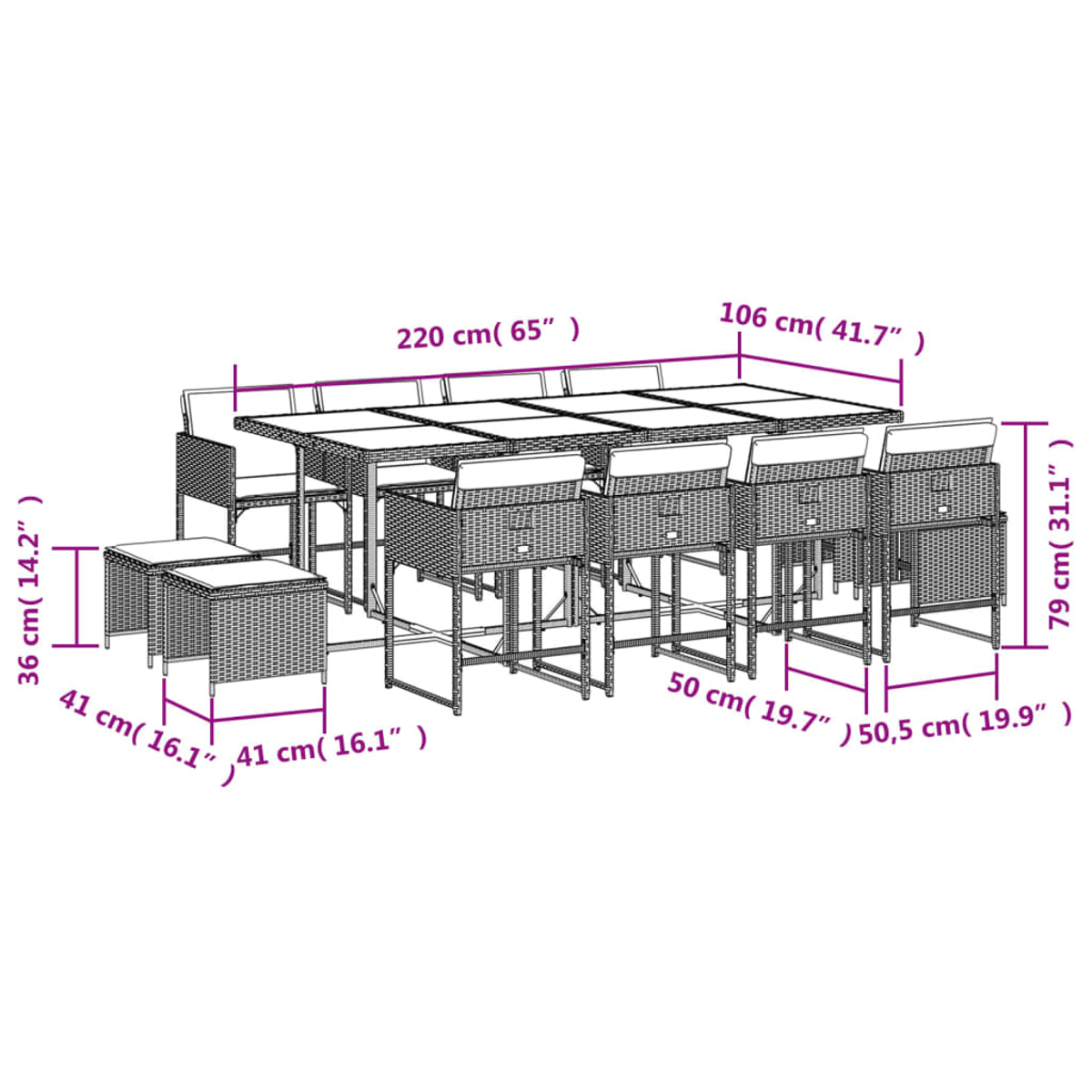 Un set da pranzo per esterni con un grande tavolo, sedie e pouf, tutti con misure in centimetri e pollici.