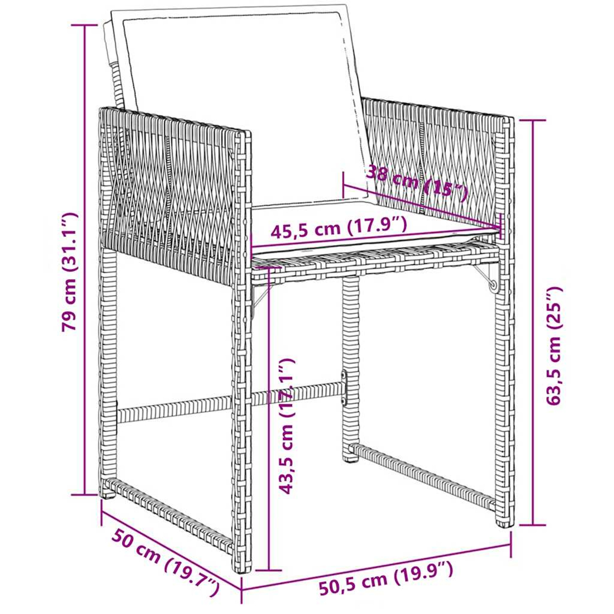 Una sedia in vimini con dimensioni etichettate: 79 cm altezza, 50 cm larghezza, 50,5 cm profondità. Misure in pollici fornite.