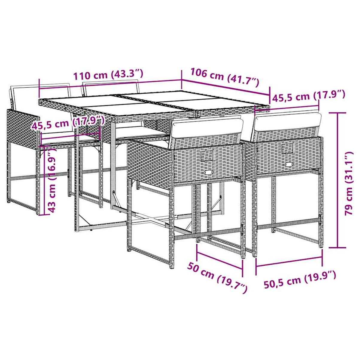Un set da pranzo da esterno in vimini. Include un tavolo rettangolare con quattro sedie. Le dimensioni sono fornite nell'immagine.