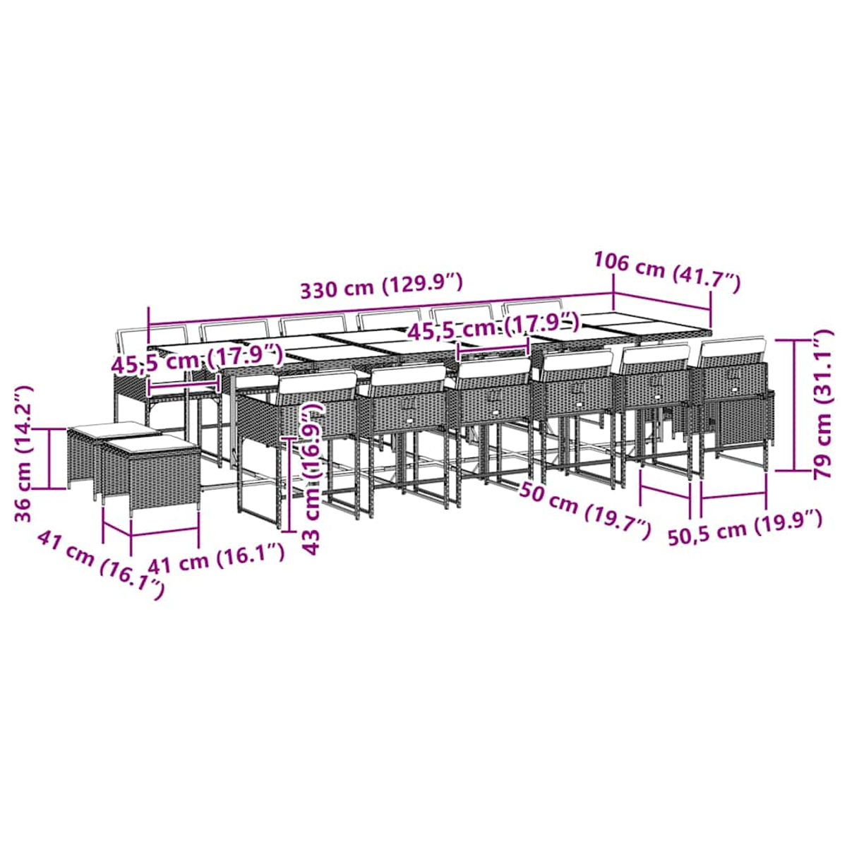 Un diagramma mostra mobili da esterno: un tavolo grande con sedie e tavolini. Dimensioni in centimetri e pollici.
