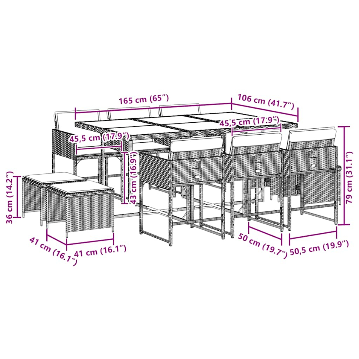 Rattan-Essgruppe für den Außenbereich. Enthält Tisch, Stühle und Hocker. Abmessungen beschriftet. Braune Webstruktur mit weißen Kissen.