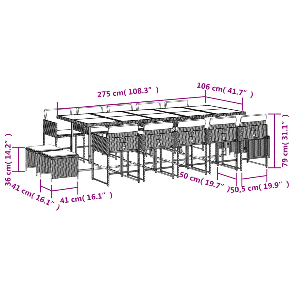 Set da pranzo per esterni. Un tavolo rettangolare con sedie e sgabelli. Dimensioni indicate in centimetri e pollici.