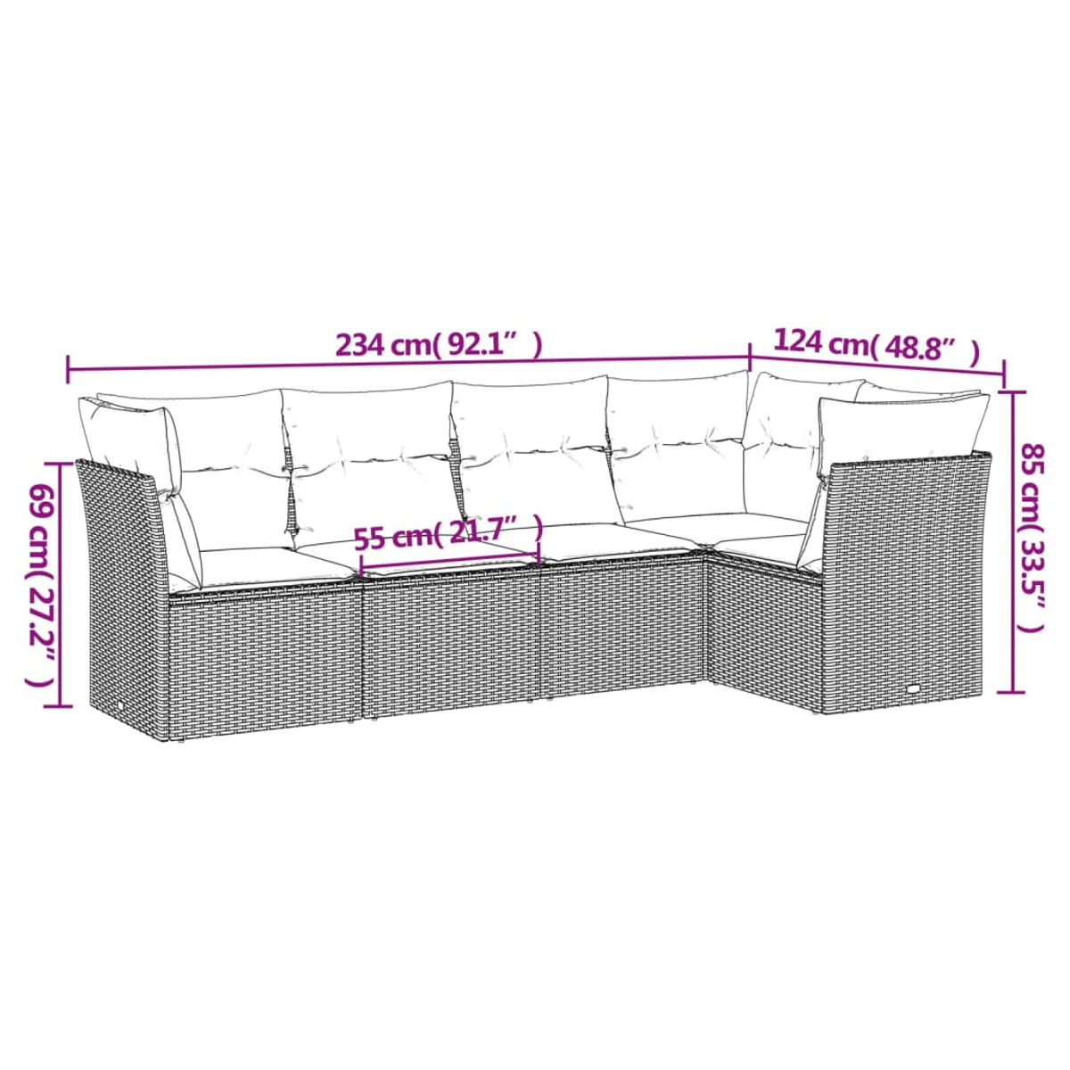Ein graues Ecksofa aus Korbgeflecht mit Kissen. Maße sind angegeben: 234 cm, 124 cm, 85 cm, 69 cm und 55 cm.