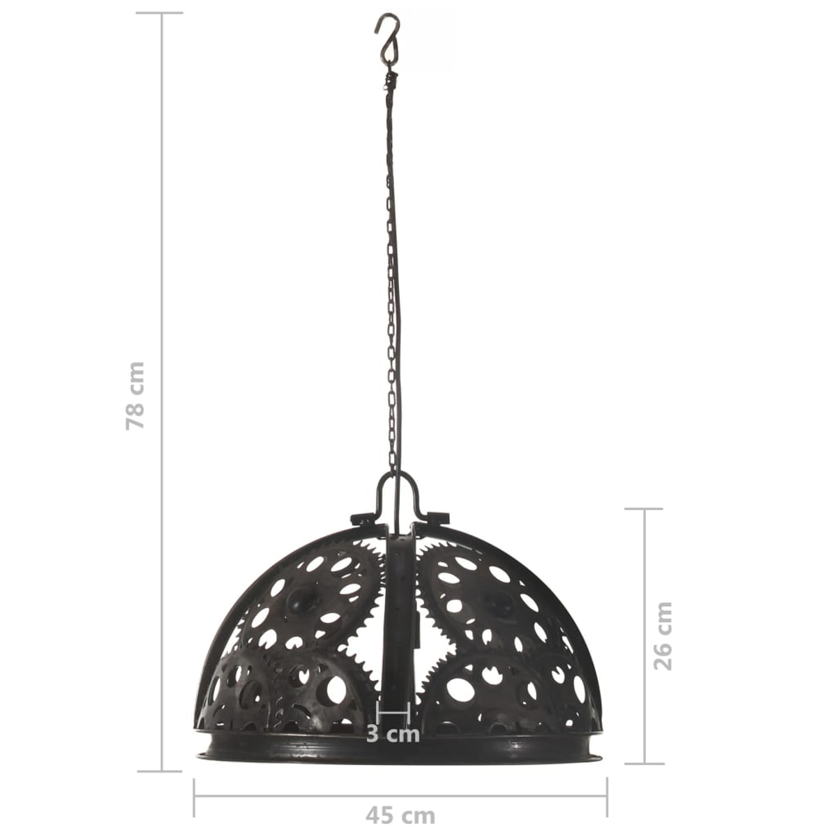 Eine schwarze Pendelleuchte im Industriestil aus Metall. Sie hat ein zahnradähnliches Design. Die Lampe hängt an einer Kette an einem Haken.