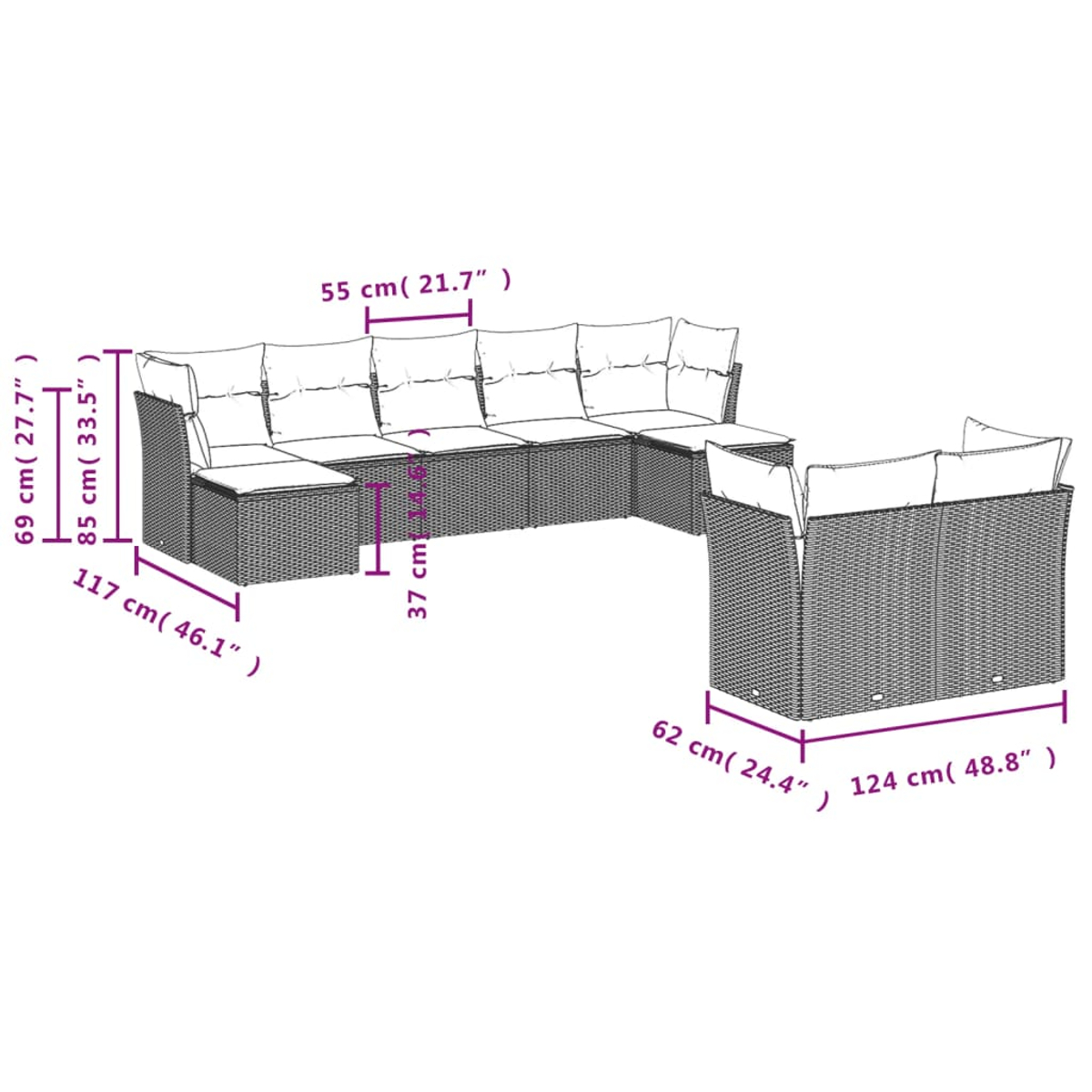 Outdoor-Sofa-Set mit Maßangaben. Enthält Kissen und Korbflechtrahmen. Maße in cm und Zoll sind angegeben.