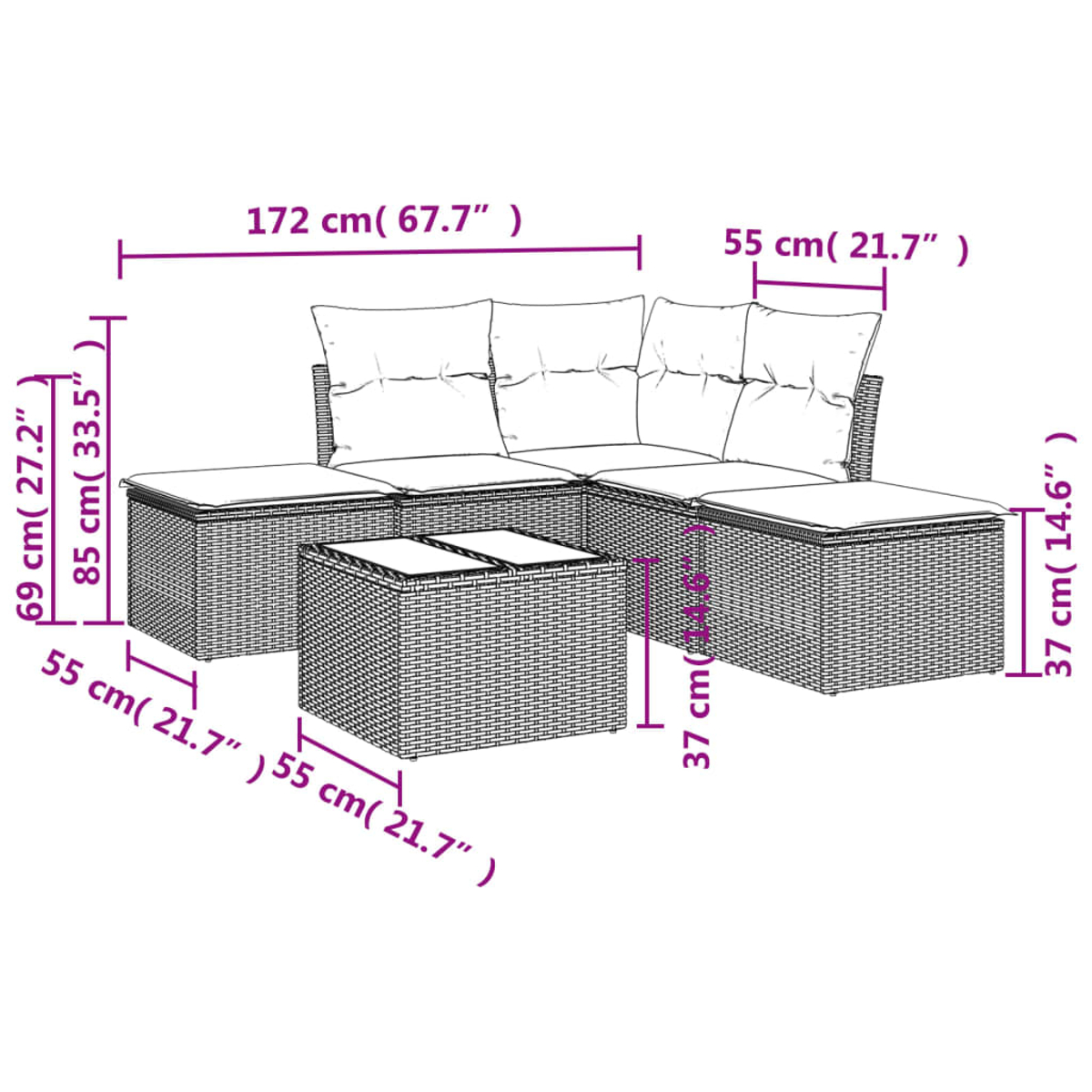Un divano componibile da esterno con cuscini e un tavolino. Le dimensioni sono indicate in centimetri e pollici.