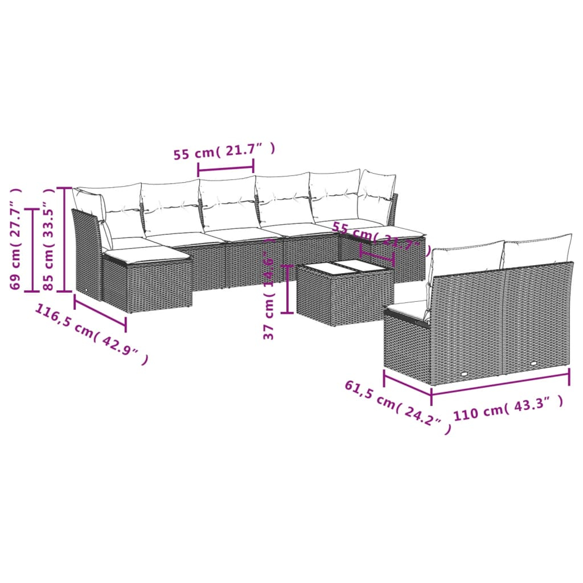 Set di mobili da esterno in vimini con dimensioni. Include un divano angolare, un tavolo e un divano singolo, tutti con cuscini.