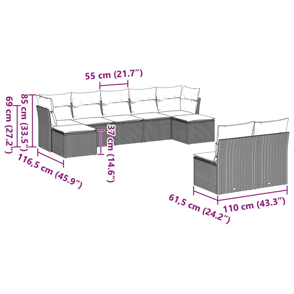 Geflochtenes Gartenmöbelset. Abmessungen in cm und Zoll angegeben. Enthält Sofa und separaten Sitz, beide mit Kissen.