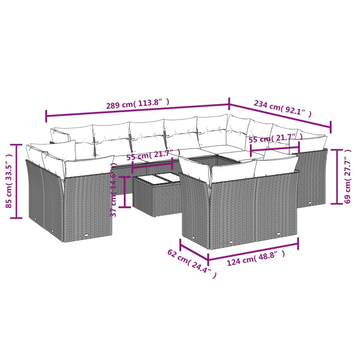 Ein großes Outdoor-Sofaset mit Maßen. Es umfasst ein Ecksofa, zwei kleine Tische und Abmessungen in cm und Zoll.