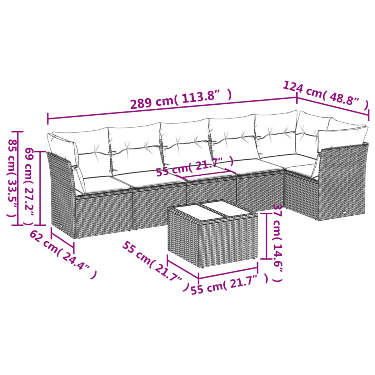 Geflochtenes Outdoor-Ecksofa mit Kissen, inklusive Couchtisch. Abmessungen sind angegeben, mit Maßen in cm und Zoll.