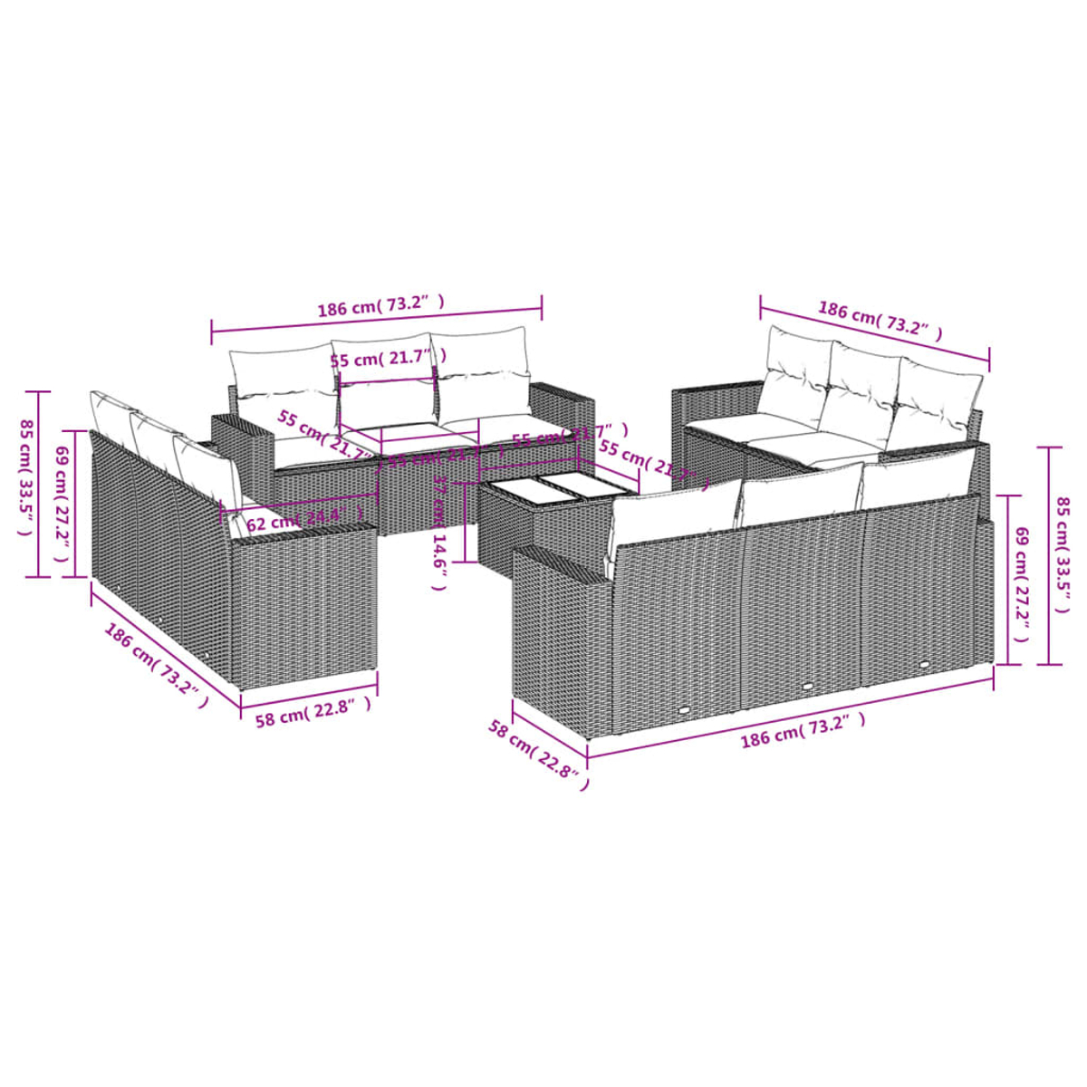 Un set di mobili da esterno in vimini con dimensioni. Include un divano, due poltrone e un tavolino.