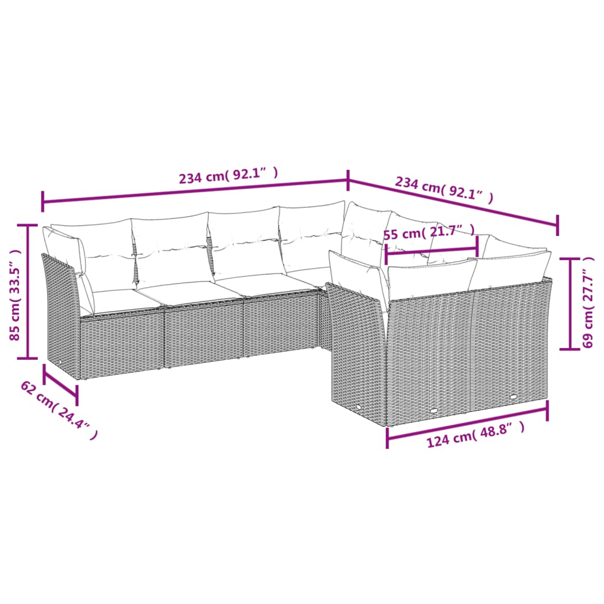 Ein graues Korbsessel-Sofa mit weißen Kissen. Abmessungen sind in Zentimetern und Zoll angegeben.