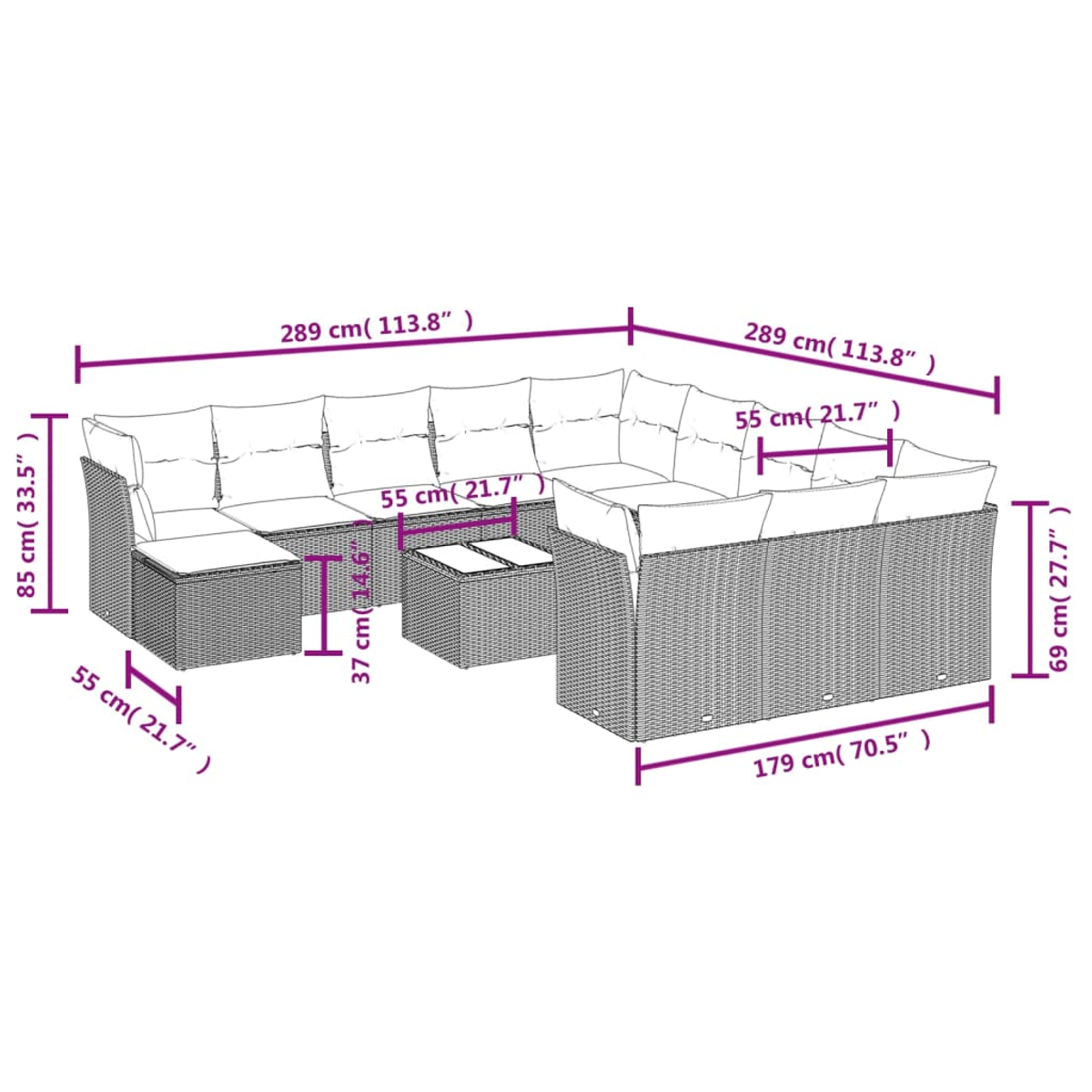 Set divano in rattan da esterno con dimensioni etichettate. Include un divano grande, un pouf e un tavolino, il tutto in un colore chiaro.