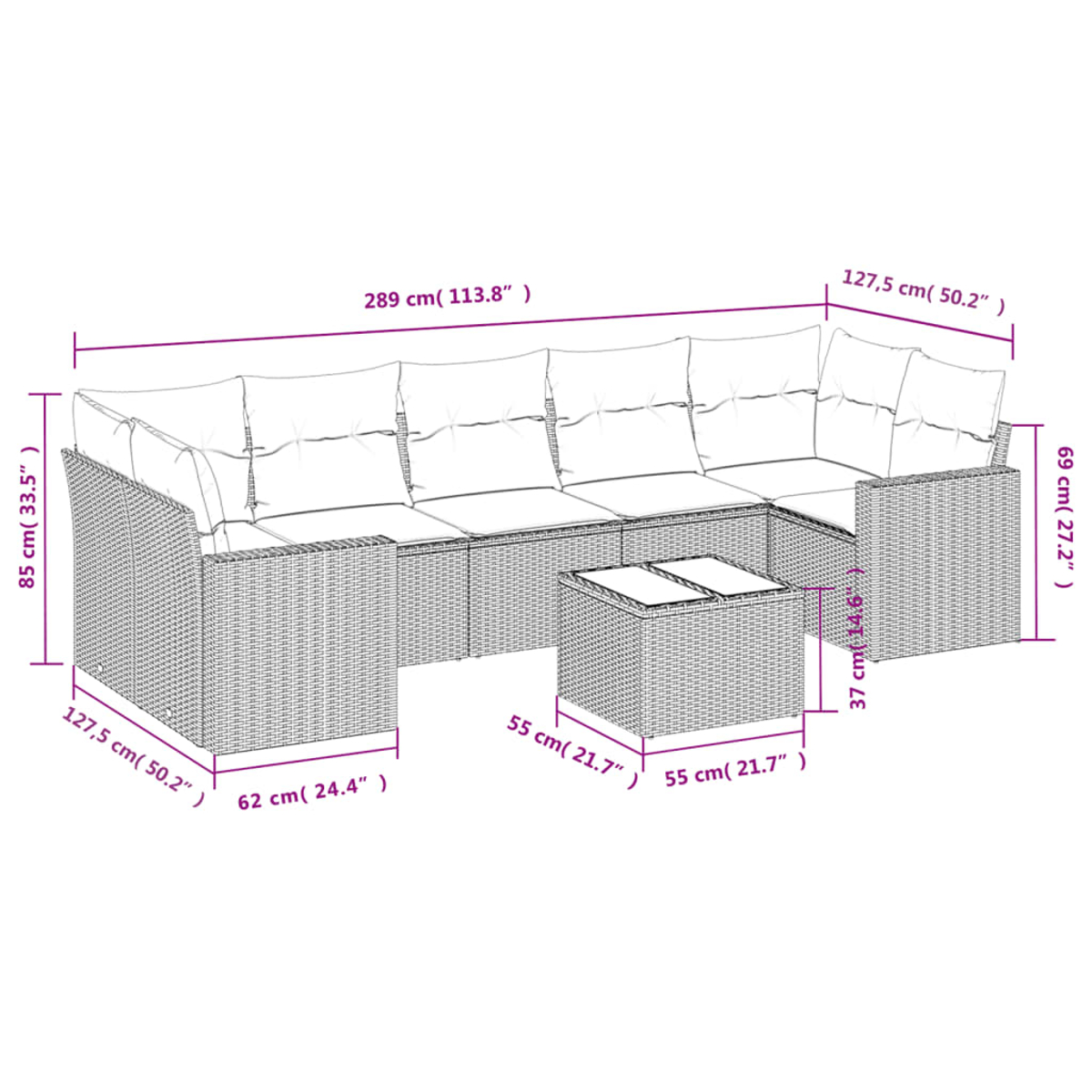 Un divano componibile in rattan con cuscini e un tavolino abbinato. Le dimensioni sono indicate in centimetri e pollici.