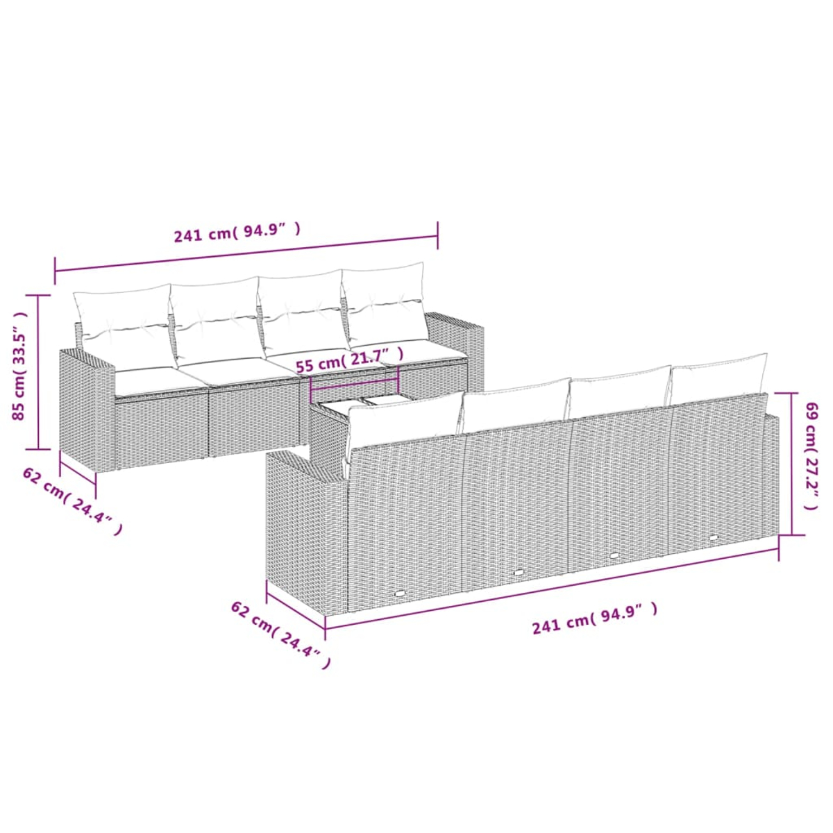Diagramm eines Rattan-Sofasets mit Abmessungen in cm und Zoll. Das Set umfasst ein Sofa und eine Doppelsitzbank mit Kissen.