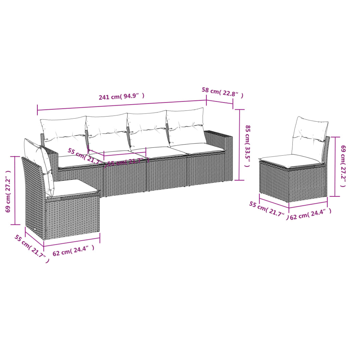 Ein Rattan-Sofaset mit Maßangaben. Beinhaltet ein großes Sofa, zwei Stühle und Maßangaben in cm und Zoll.