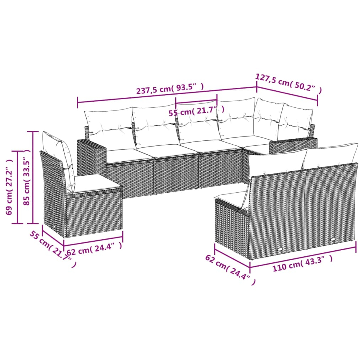 Ein Diagramm zeigt die Abmessungen von Outdoor-Rattanmöbeln. Es umfasst ein großes Sofa und zwei Stühle mit Maßen in cm und Zoll.