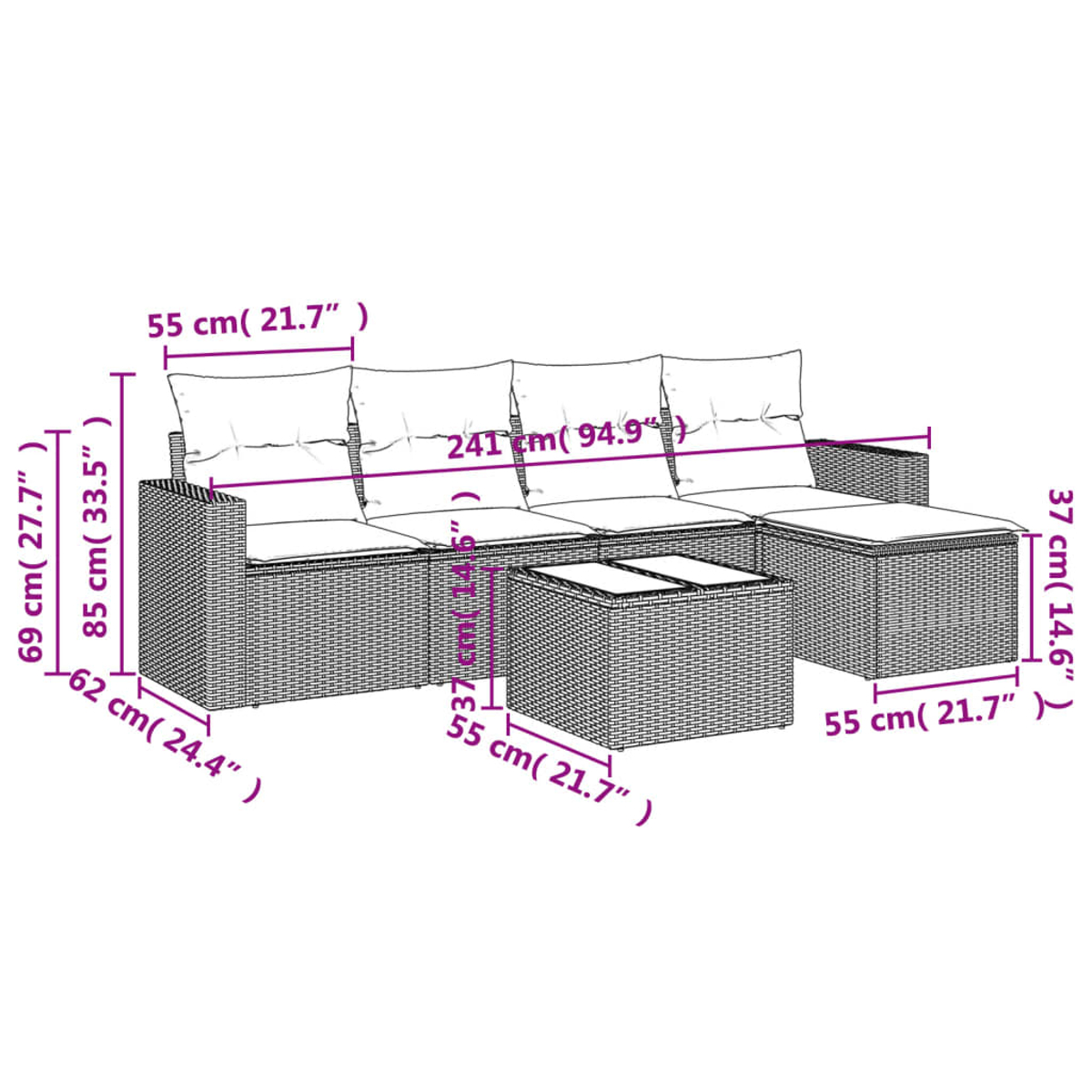 Un divano in stile vimini con cuscini, un pouf abbinato e un tavolino quadrato, il tutto in tonalità marroni ed etichettato con dimensioni.