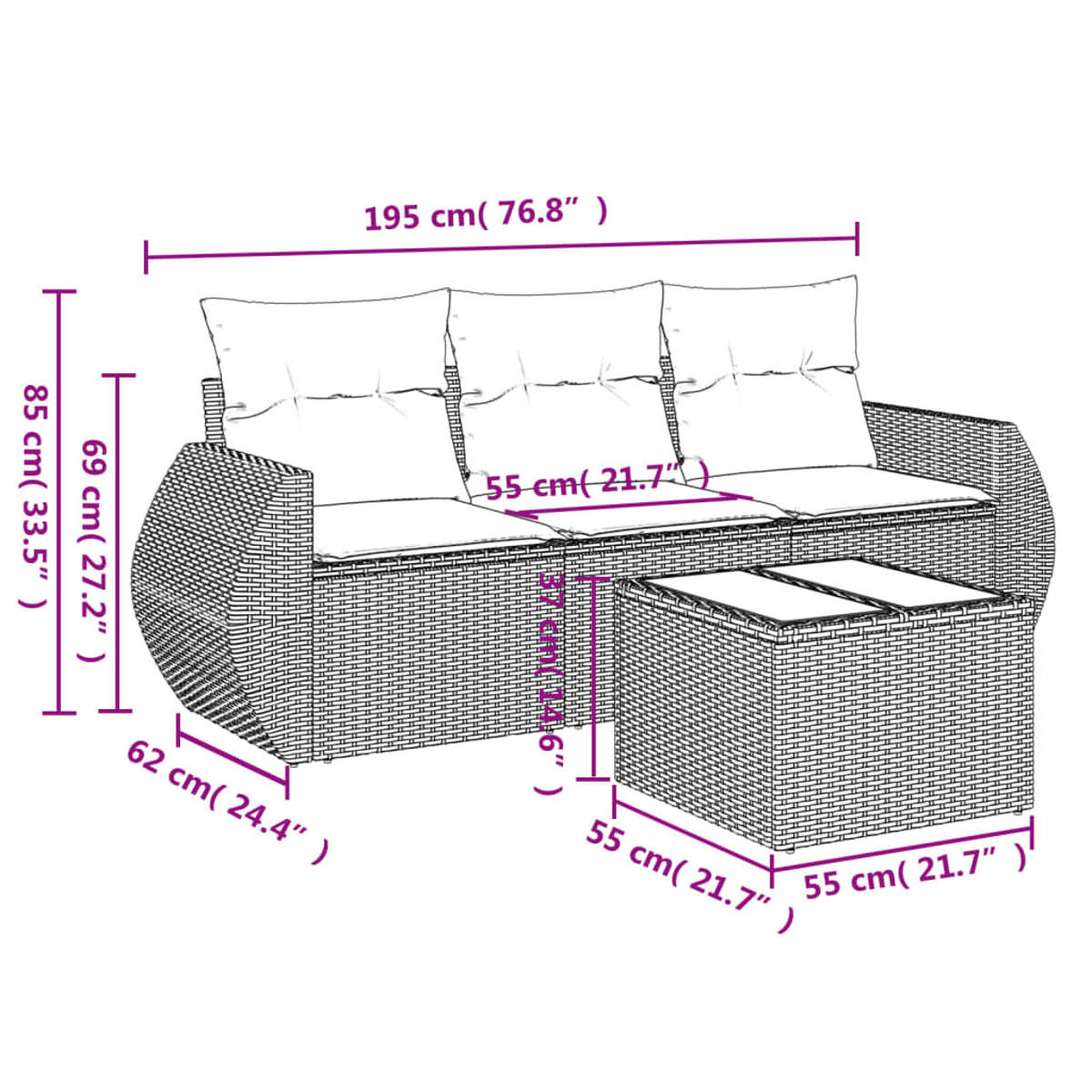 Un divano in rattan con cuscini e un tavolino abbinato, etichettati con dimensioni in centimetri e pollici.