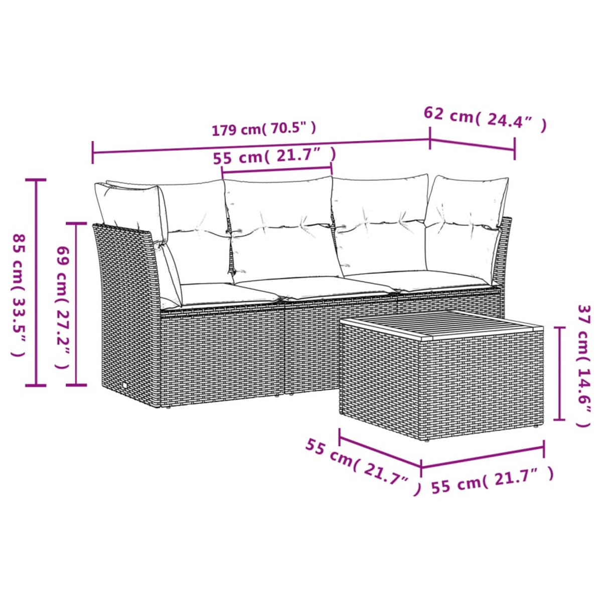 Geflochtenes Sofa und Couchtisch mit Maßangaben in Zentimetern und Zoll.