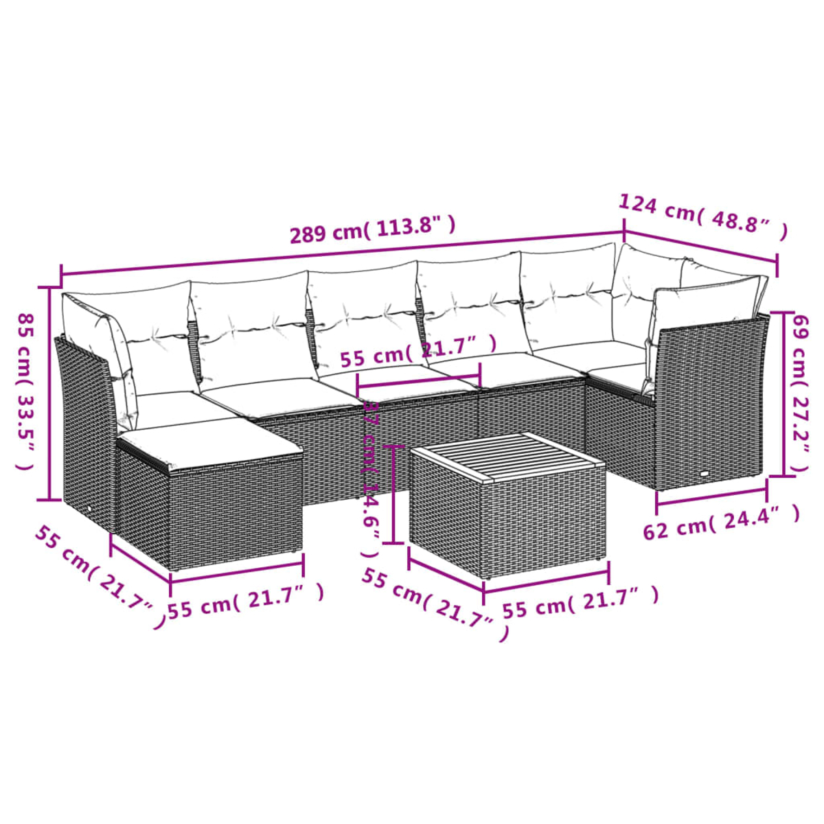 Un divano in rattan da esterno con cuscini bianchi e un tavolino quadrato. Le dimensioni sono indicate nell'immagine.