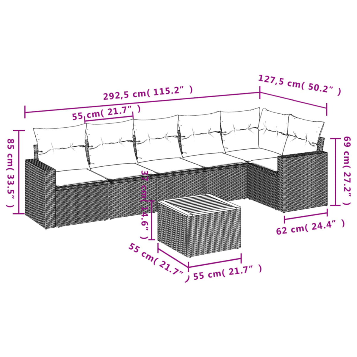 Diagramm eines grauen Outdoor-Ecksofas aus Korbgeflecht mit Maßangaben in Zentimetern und Zoll sowie einem passenden quadratischen Tisch.