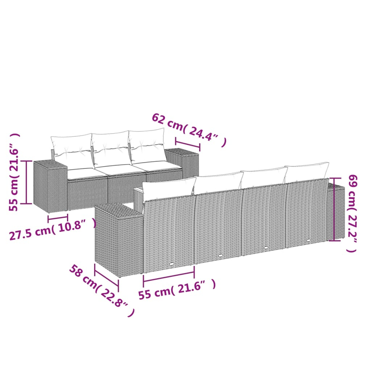 Diagramm eines Rattansofa-Sets mit Abmessungen. Enthält ein Dreisitzer-Sofa, einen angrenzenden Einsitzer und Maße in cm und Zoll.