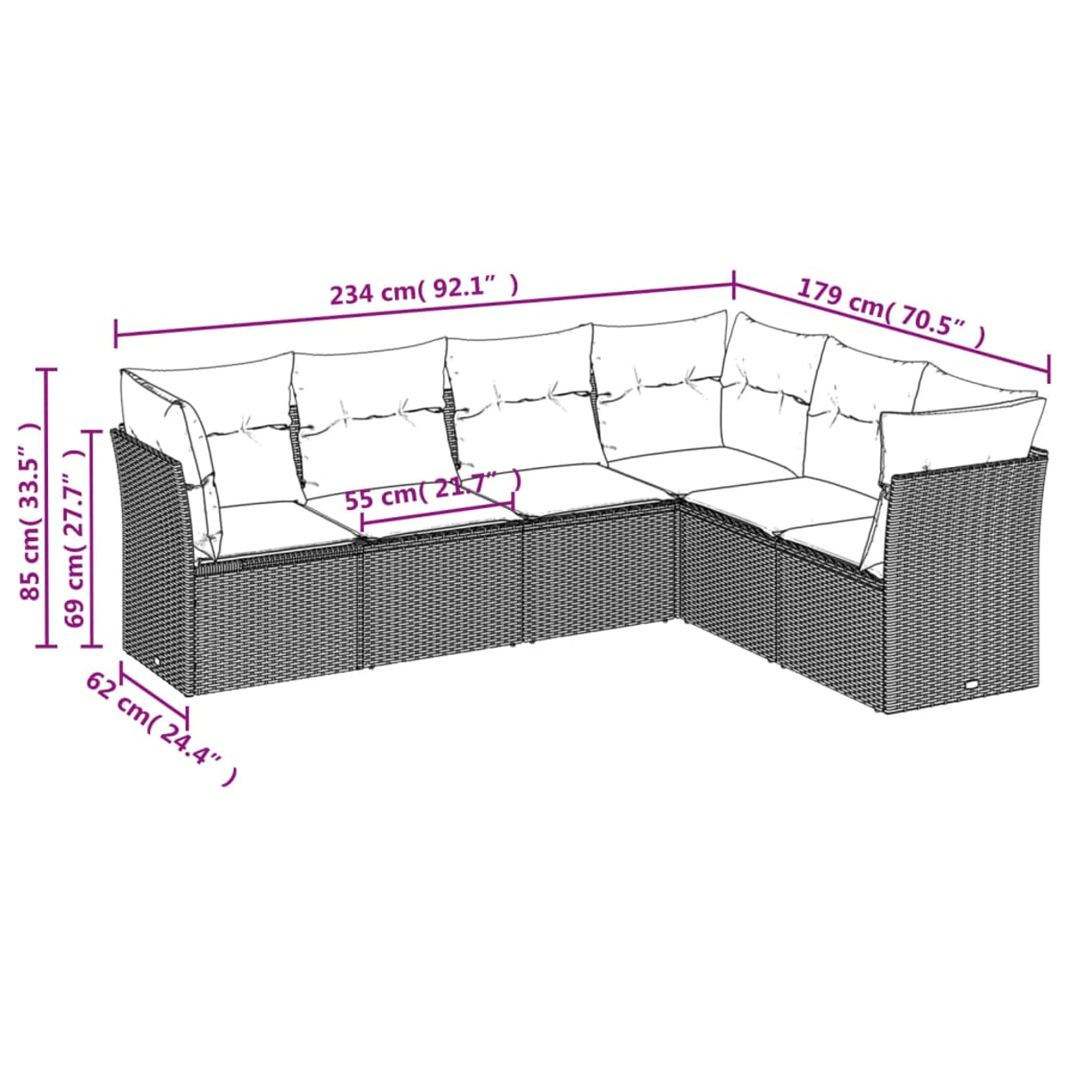 Ein L-förmiges Outdoor-Sofa mit Maßangaben. Es hat graues Korbgeflecht und weiße Kissen. Maße sind in cm und Zoll angegeben.