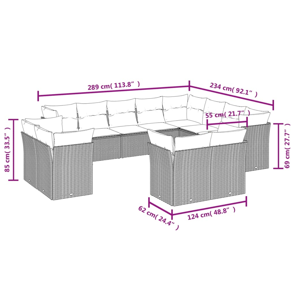 Outdoor-Ecksofa mit Maßangaben. Merkmale: Korbgeflechtrahmen, helle Kissen, Maße in cm und Zoll.