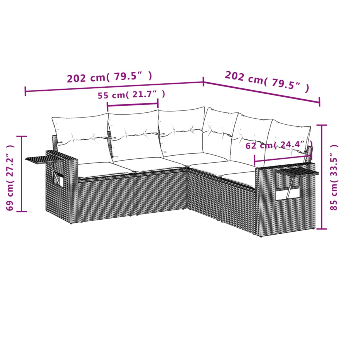 Diagramm eines L-förmigen Rattansofas mit Abmessungen in Zentimetern und Zoll. Das Sofa hat Kissen und Beistelltische.