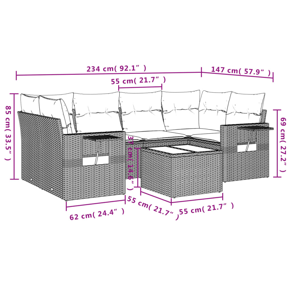 Geflochtenes Outdoor-Sofa-Set mit Maßangaben. Es umfasst Kissen und einen quadratischen Couchtisch. Maße in cm und Zoll.