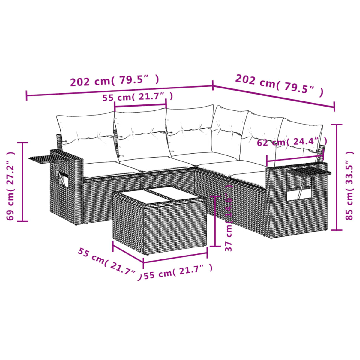 Ein Outdoor-Sofa aus Korbgeflecht mit Kissen und einem kleinen Tisch, Maße sind angegeben. Abmessungen sind in cm und Zoll angegeben.