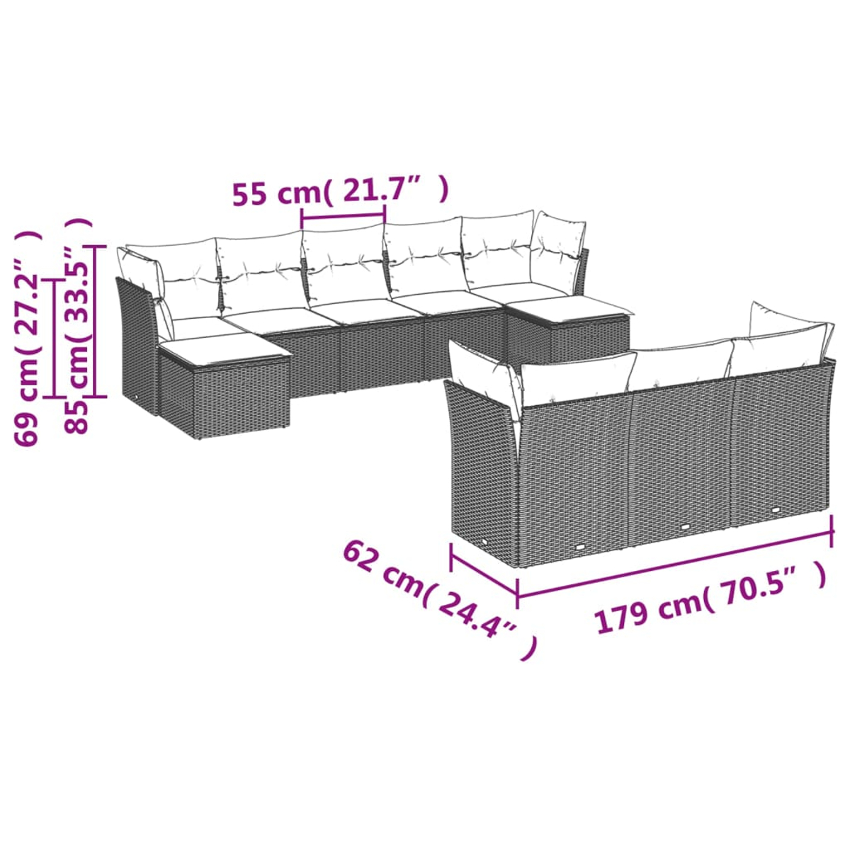 Diagramm eines Ecksofas aus Korbgeflecht mit Abmessungen in cm und Zoll. Es umfasst eine Ecke und ein separates Zweisitzer-Sofa.
