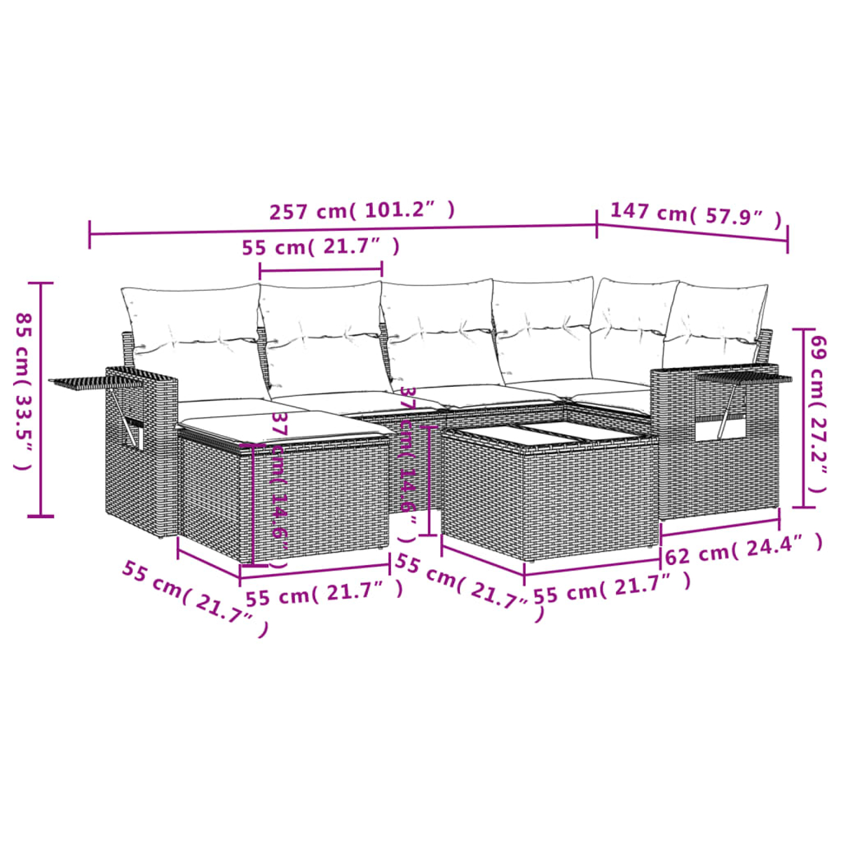 Un set di divani in vimini per esterni con cuscini. Le dimensioni sono indicate in centimetri e pollici.