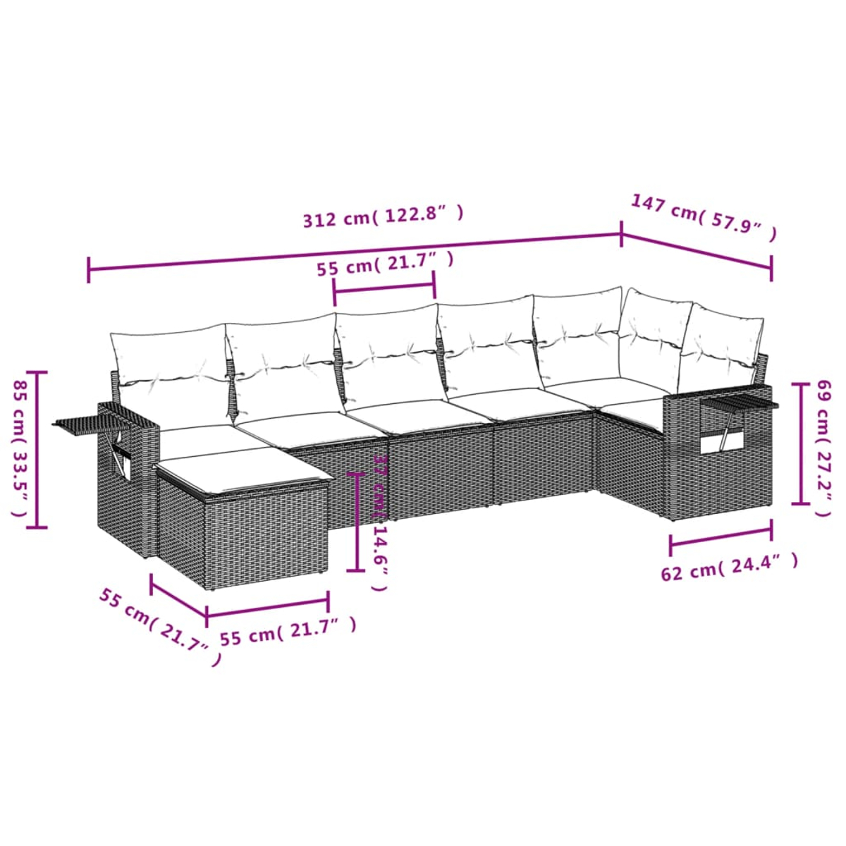 Ein geflochtenes Outdoor-Ecksofa mit weißen Kissen, Abmessungen in cm und Zoll.