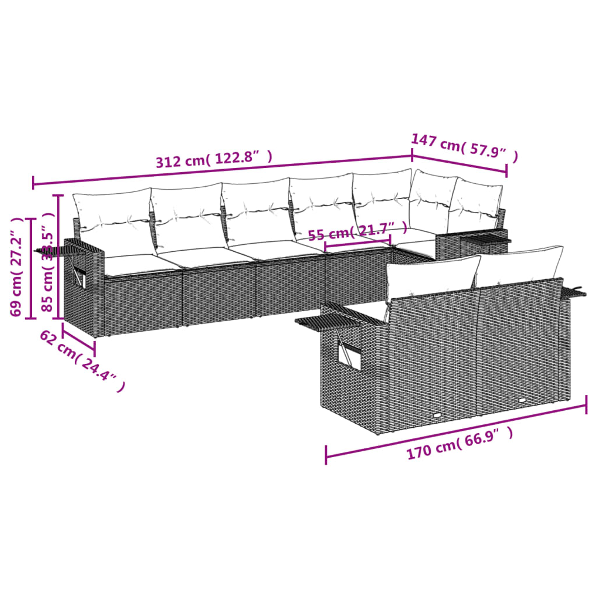 Ein großes Outdoor-Sofaset mit Maßangaben. Es umfasst ein Eckteil und mehrere modulare Abschnitte mit weißen Kissen.